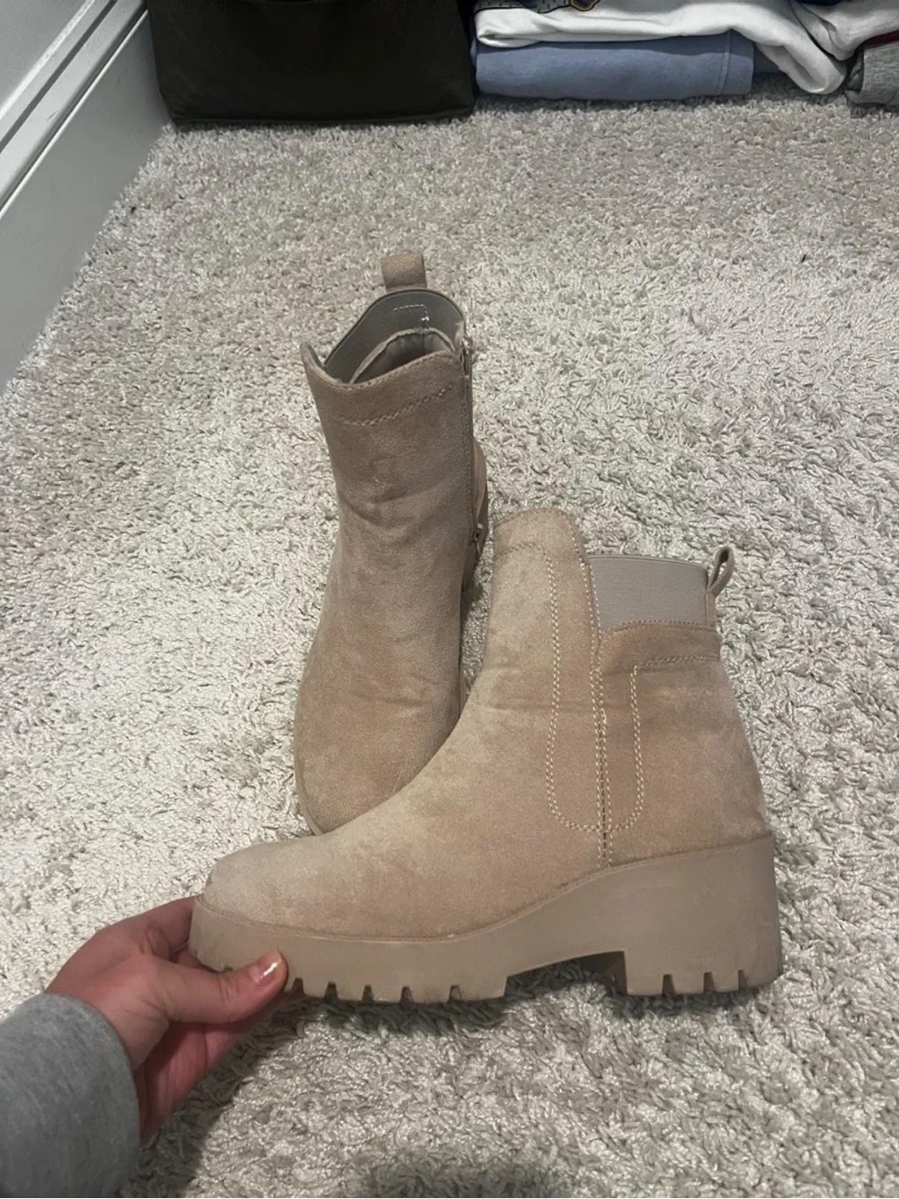 Zara Beige Suede Chelsea Lug Ankle Boots